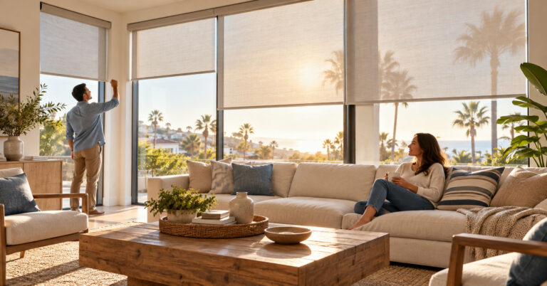 Sunlit-Southern-California-living-room-with-light-filtering-roller-shades-a-man-adjusting-the-window-shade-and-a-woman-relaxing-on-the-sofa-website