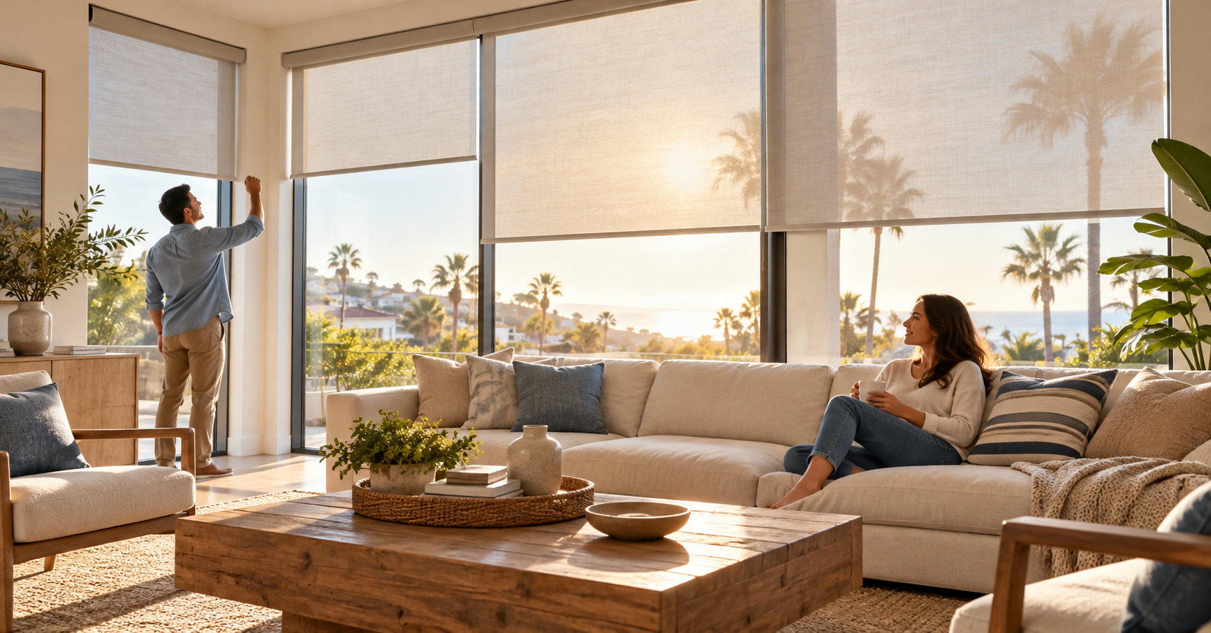 Sunlit-Southern-California-living-room-with-light-filtering-roller-shades-a-man-adjusting-the-window-shade-and-a-woman-relaxing-on-the-sofa-website